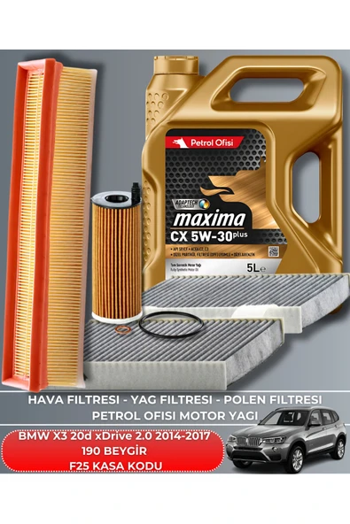 BMW X3 20d xDrive 2.0 2014-2015-2016-2017 190 BEYGİR FİLTRE - YAĞ BAKIM SETİ ürün görseli