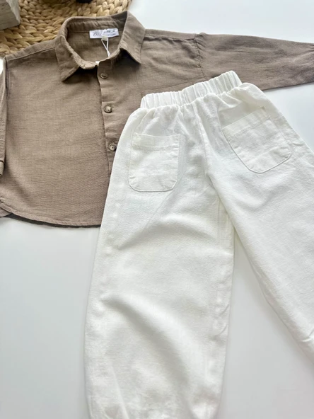 Çocuk Takım – Kahverengi Gömlek & Beyaz Pantolon - Resim 3