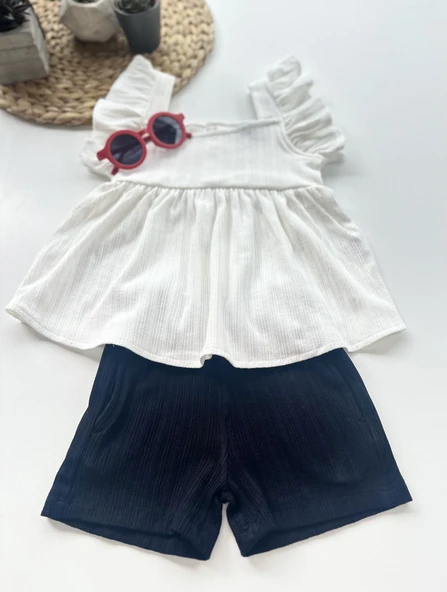 Fırfır Kollu Kız Çocuk Takımı – Ekru Üst & Lacivert Şort - 2