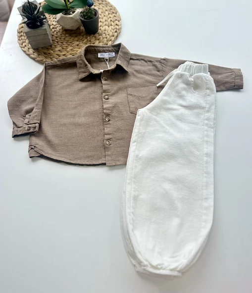 Çocuk Takım – Kahverengi Gömlek & Beyaz Pantolon - Resim 6