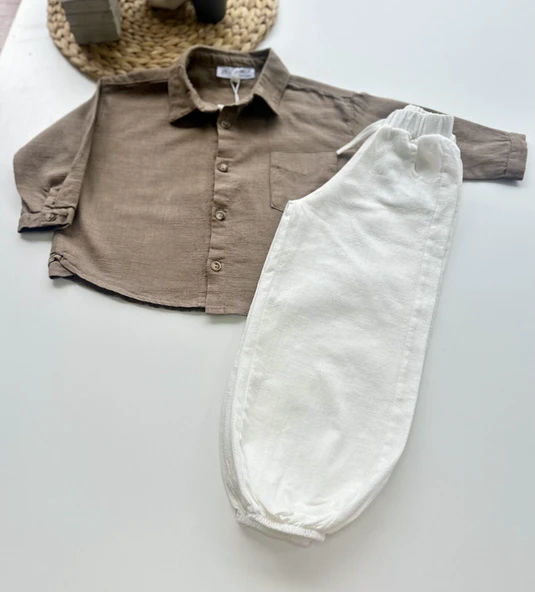 Çocuk Takım – Kahverengi Gömlek & Beyaz Pantolon - Resim 2