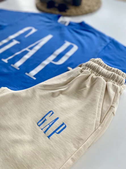 Baskılı Erkek Çocuk Şortlu Takım – Mavi/Krem - Resim 3