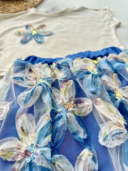Çiçekli Tüllü Kız Çocuk Elbise Takımı – Mavi - 3