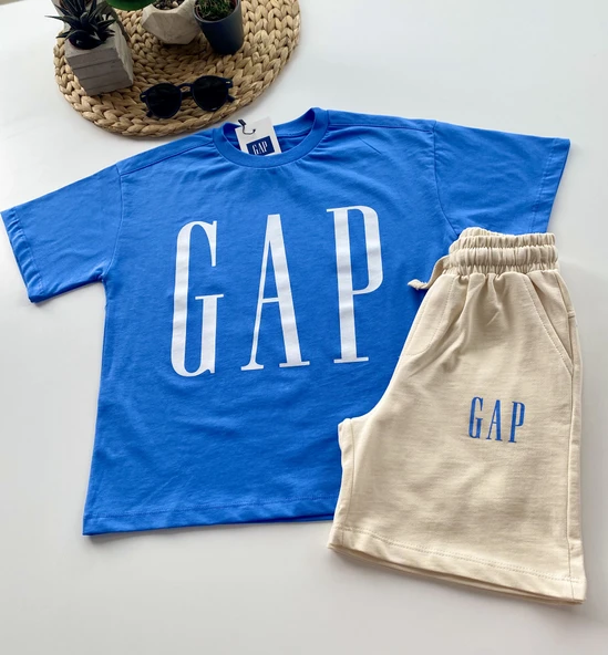 Baskılı Erkek Çocuk Şortlu Takım – Mavi/Krem - Resim 5