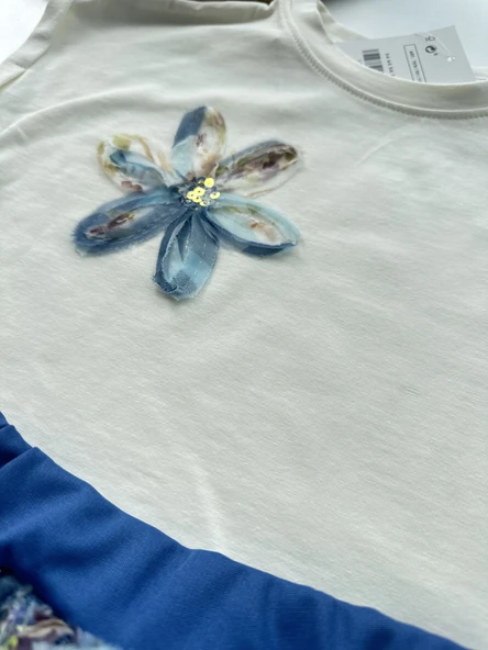 Çiçekli Tüllü Kız Çocuk Elbise Takımı – Mavi - 4