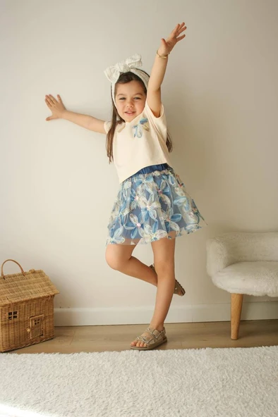 Çiçekli Tüllü Kız Çocuk Elbise Takımı – Mavi