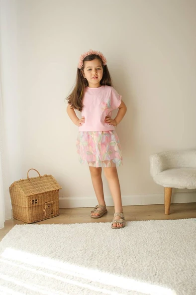 Çiçekli Tüllü Kız Çocuk Elbise Takımı – Pembe - Resim 6