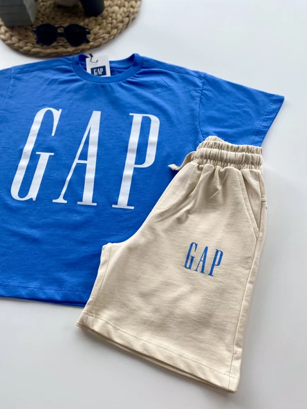 Baskılı Erkek Çocuk Şortlu Takım – Mavi/Krem - Resim 2