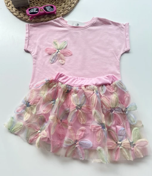 Çiçekli Tüllü Kız Çocuk Elbise Takımı – Pembe - Resim 2