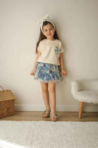 Çiçekli Tüllü Kız Çocuk Elbise Takımı – Mavi - 5