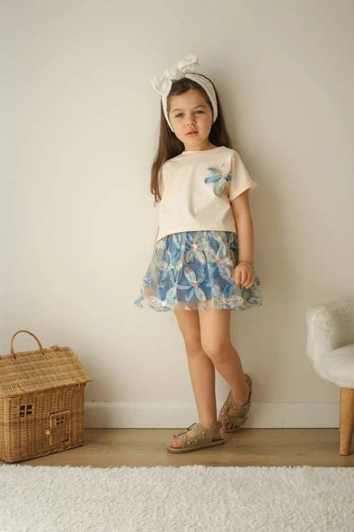 Çiçekli Tüllü Kız Çocuk Elbise Takımı – Mavi - 6