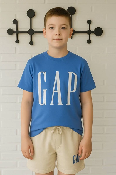 Baskılı Erkek Çocuk Şortlu Takım – Mavi/Krem ürün görseli