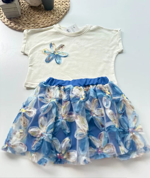 Çiçekli Tüllü Kız Çocuk Elbise Takımı – Mavi - 2