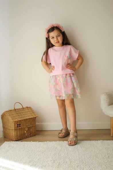 Çiçekli Tüllü Kız Çocuk Elbise Takımı – Pembe - Resim 5