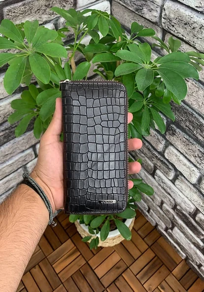 Guard Koyu Kahverengi Croco Hakiki Deri Baskılı Fermuarlı Portföy Cüzdan Erkek / Kadın P3016 ürün görseli