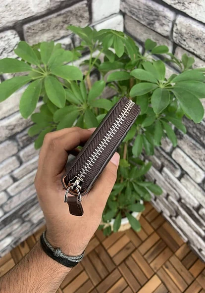 Guard Koyu Kahverengi Croco Hakiki Deri Baskılı Fermuarlı Portföy Cüzdan Erkek / Kadın P3016 - Resim 3