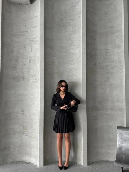 Altı piliseli uzun kollu ceket elbise siyah s255016 - 5