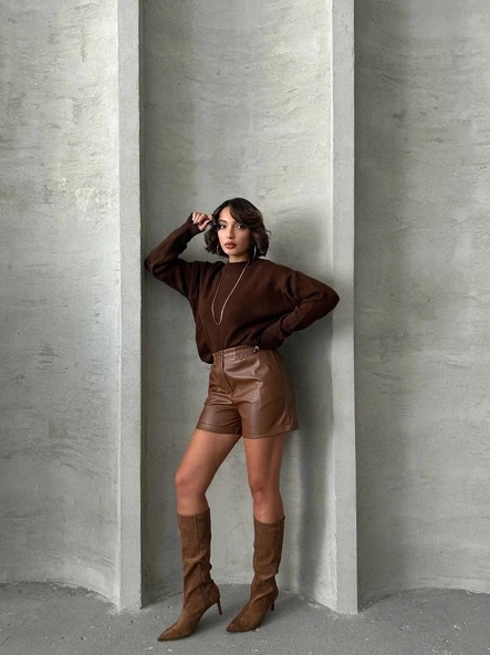 Beli lastikli çıtçıtlı deri şort kahve w241007 - 3