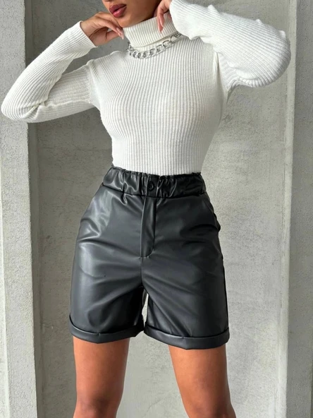Beli lastikli duble paça deri şort siyah w24755