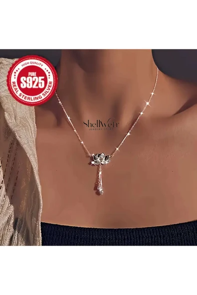 Nilu Lotuslu 925 Ayar Gümüş Kolye Sevgililer günü , annenize verilecek en güzel gümüş hediyesi - 1