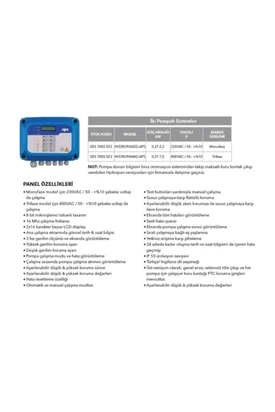 Çift Pompa (HİDROFOR,DALGIÇ) Için Monofaze Kontrol Panosu: Hydropan2d-aps (220V/50HZ) - Resim 5