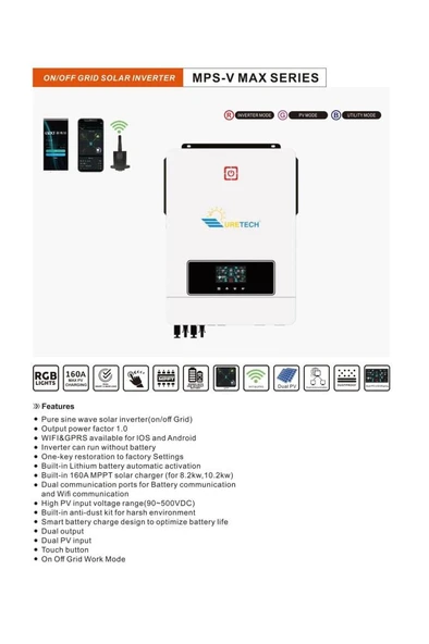 URETECH 10.2KVA 10.2KW 10200 WATT Tam Sinüs Akıllı Mppt 160A (55-450vdc) İnverter 48Vdc-220VAC 11kw İnvertör - Resim 2