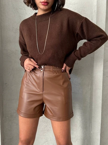 Beli lastikli çıtçıtlı deri şort kahve w241007 - Resim 6