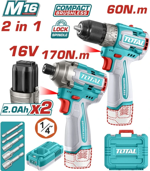 Total 16V Darbeli Matkap + Darbeli Vidalama Makinesi Avantaj Set TOSLI240968E ürün görseli