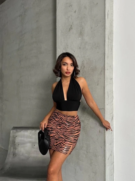 Tek yırtmaçlı zebra desenli deri etek kahvesiyah w24475-S - Resim 5