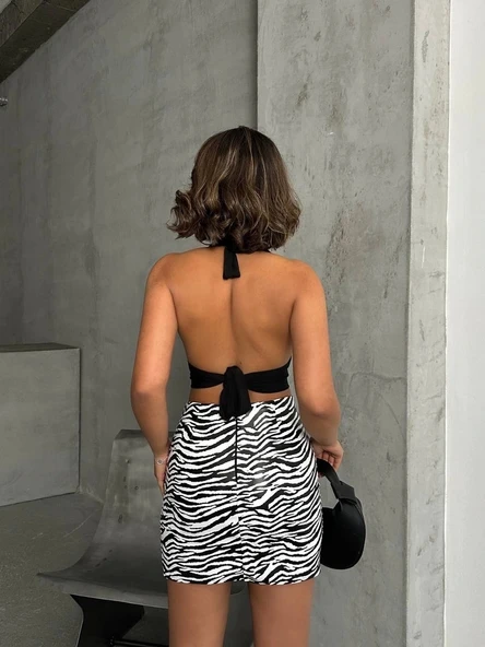 Tek yırtmaçlı zebra desenli deri etek beyazsiyah w24475-S - 5