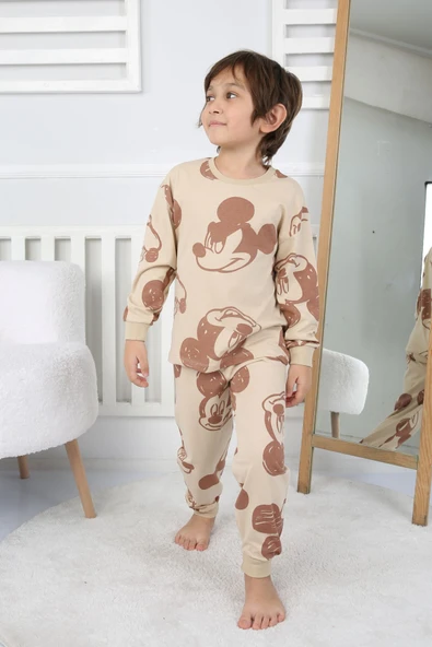 Cute Michey Çizgi Yüzler Desenli Erkek Çocuk Pijama Takımı - Resim 3