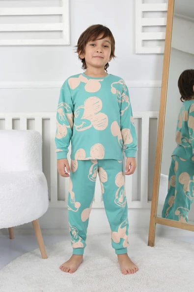Cute Michey Çizgi Yüzler Desenli Erkek Çocuk Pijama Takımı - Resim 8