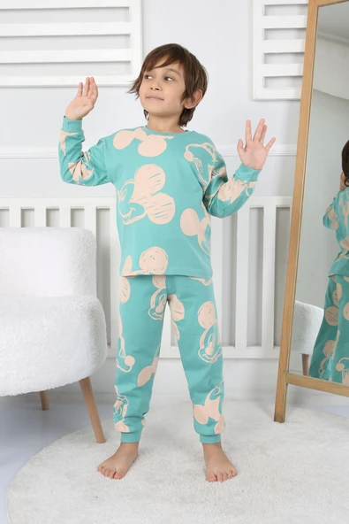 Cute Michey Çizgi Yüzler Desenli Erkek Çocuk Pijama Takımı - Resim 11