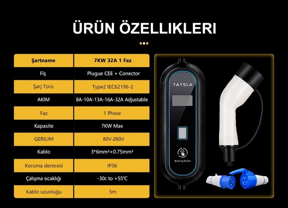 Taysla 7 kW 16A Ev Tipi Bireysel Taşınabilir Portatif Elektrikli Araç Şarj İstasyonu 7 Metre - Resim 3