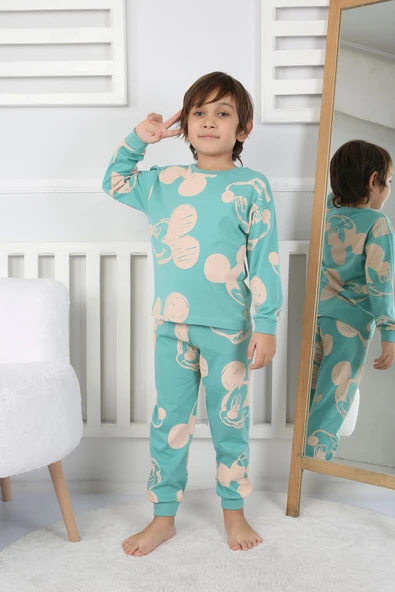 Cute Michey Çizgi Yüzler Desenli Erkek Çocuk Pijama Takımı - Resim 9