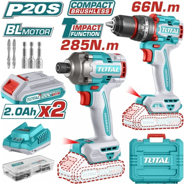 Total Avantaj Seti Darbeli Matkap Darbeli Vidalama ve Aksesuar Seti Çift Akü TCKLI20277E ürün görseli
