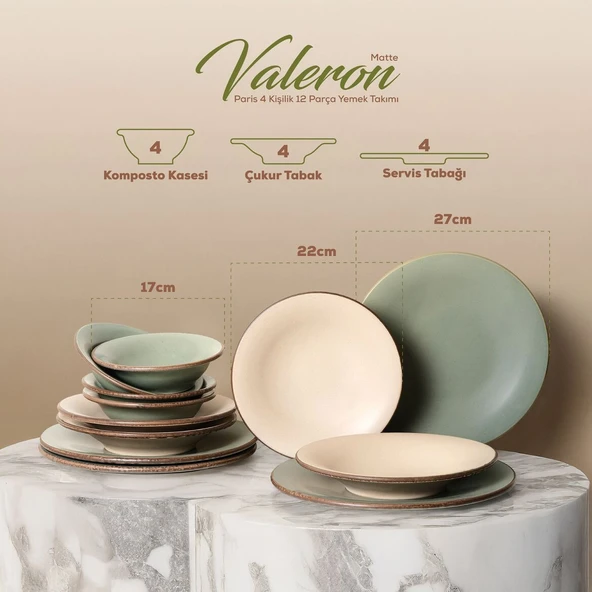 GÜRAL PORSELEN Paris 12 Parça 4 Kişilik Mat Yemek Takımı - Resim 4