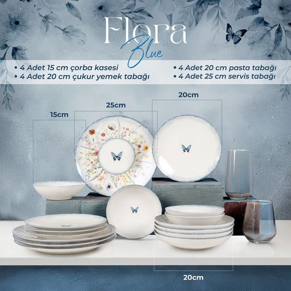 GÜRAL PORSELEN Flora Blue 16 Parça 4 Kişilik Yemek Takımı 48833 - Resim 4