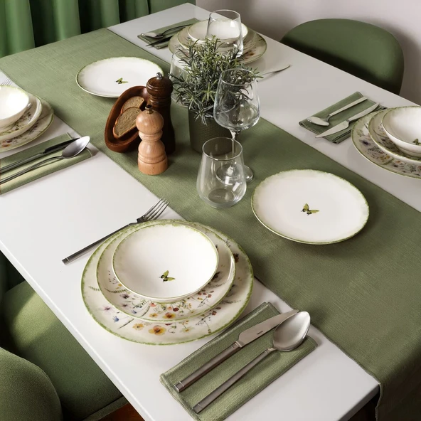 GÜRAL PORSELEN Flora Green 16 Parça 4 Kişilik Yemek Takımı 4883 - 1