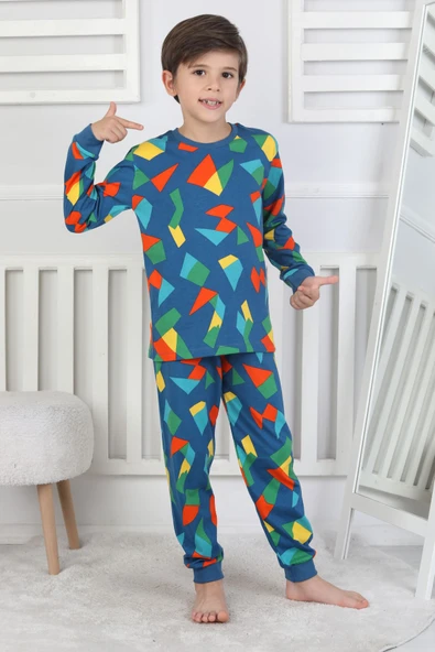 Renkli Geometrik Şekilli Erkek Çocuk Pijama Takımı - 2