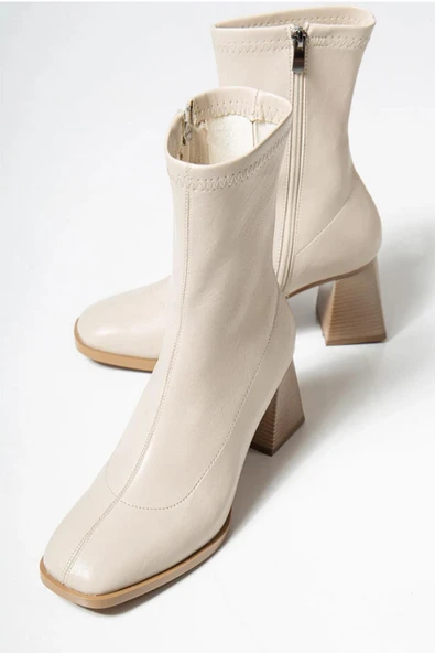 Kadın Marina Krem Bot 7 cm Kalın Topuklu Streç Boots - 4