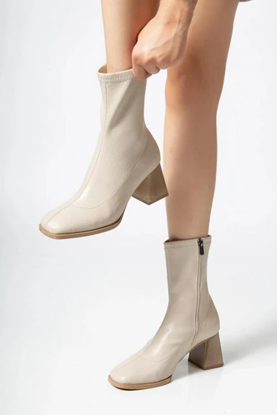 Kadın Marina Krem Bot 7 cm Kalın Topuklu Streç Boots - 2