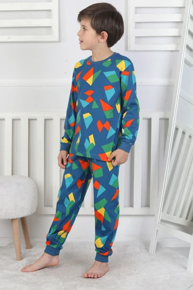 Renkli Geometrik Şekilli Erkek Çocuk Pijama Takımı - 6
