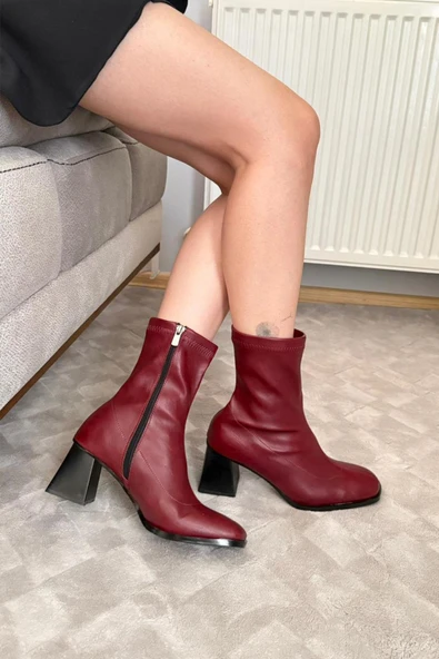 Kadın Marina Bordo Bot 7 cm Kalın Topuklu Streç Boots - 5