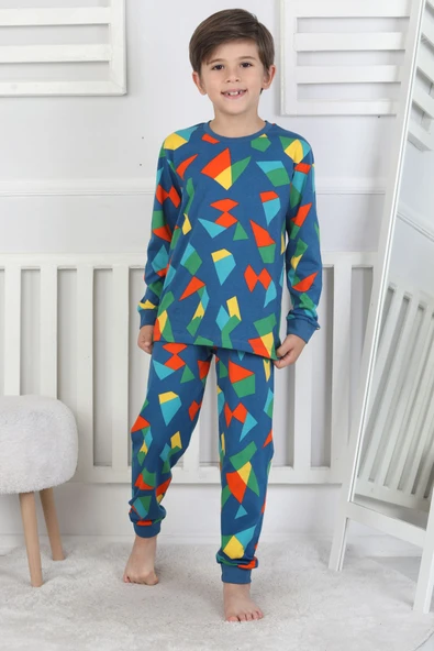 Renkli Geometrik Şekilli Erkek Çocuk Pijama Takımı - 4