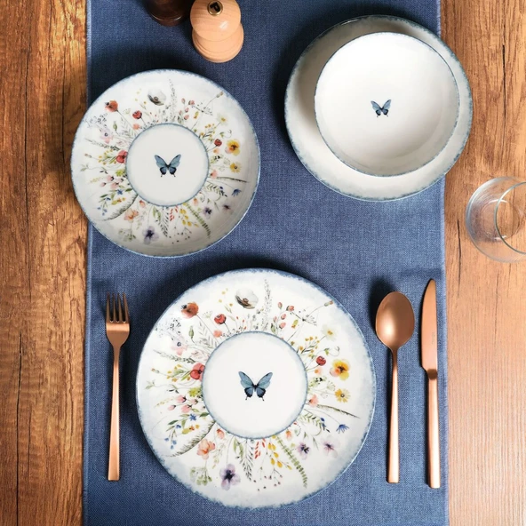 GÜRAL PORSELEN Flora Blue 16 Parça 4 Kişilik Yemek Takımı 48833 - Resim 2