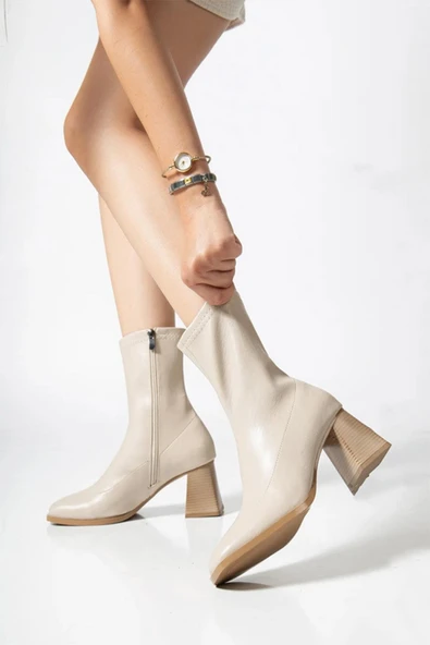 Kadın Marina Krem Bot 7 cm Kalın Topuklu Streç Boots - 3