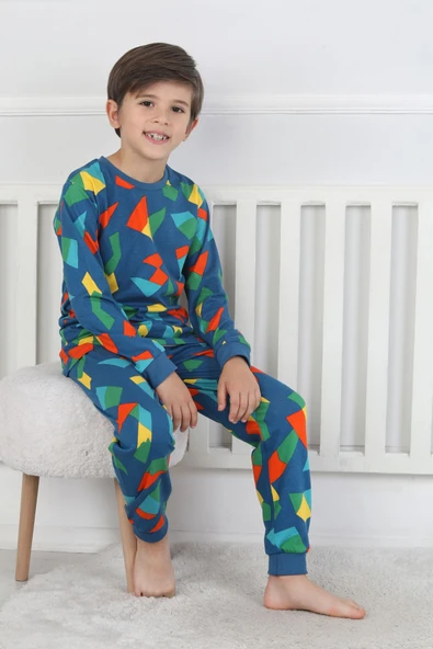 Renkli Geometrik Şekilli Erkek Çocuk Pijama Takımı - 9