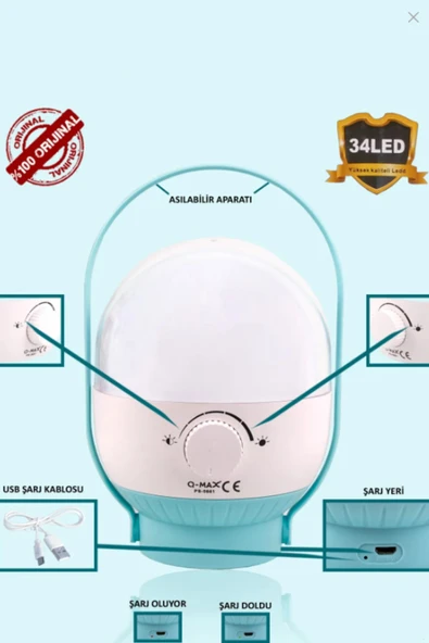 Taşınabilir Şarjlı Kamp Lambası Beyaz Işık – USB Şarjlı, Uzun Ömürlü LED Aydınlatma 34 LED - Resim 2