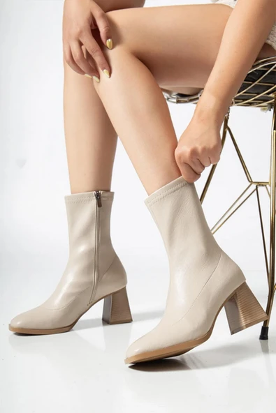 Kadın Marina Krem Bot 7 cm Kalın Topuklu Streç Boots